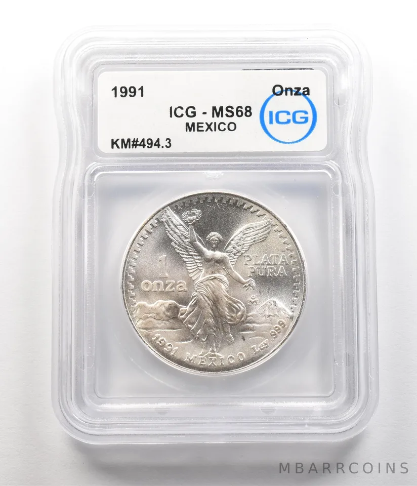 1991 Mo Mexico 1 Onza Silver Libertad KM#494.3 MS68 ICG a6772
