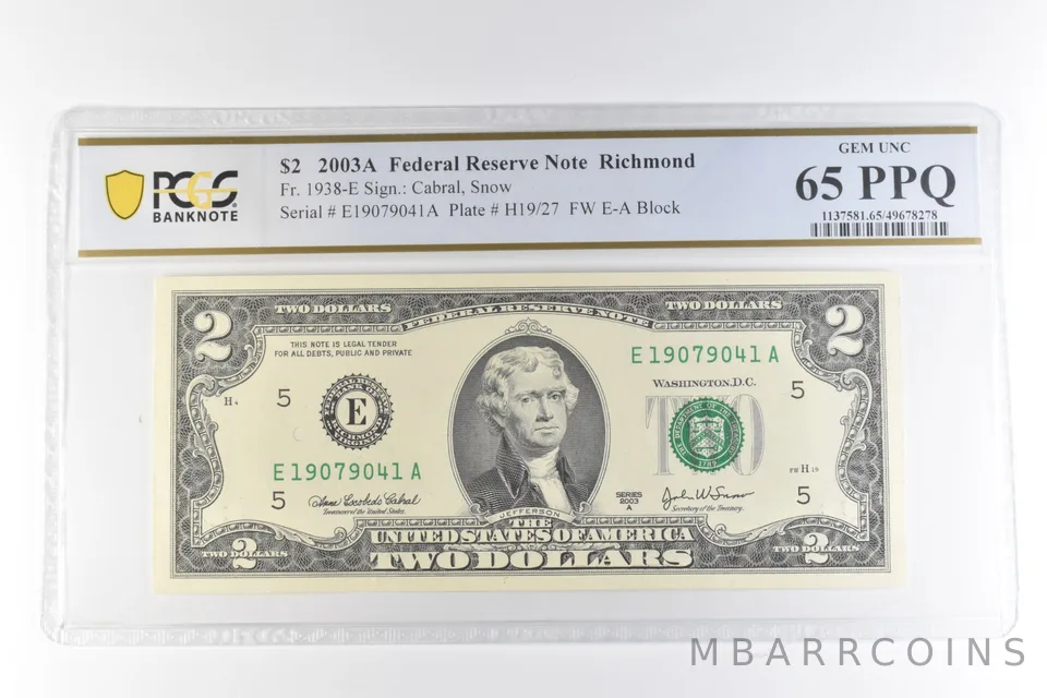 2003 A $2 Richmond VA FRN Fr#1938-E Gem Unc 65 PPQ PCGS *0677