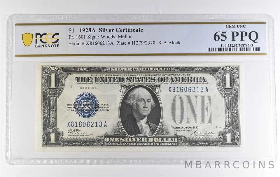 1928 A $1 Silver Certificate Fr#1601 Gem Unc 65 PPQ PCGS *3901