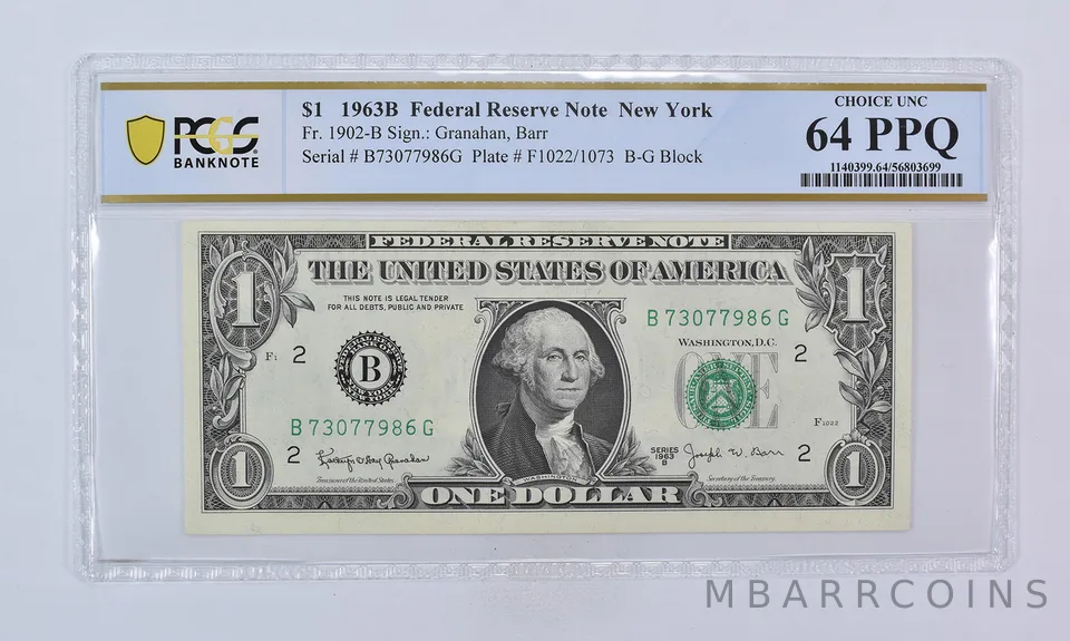 1963 B $1 New York NY FRN Fr#1902-B Choice Unc 64 PPQ PCGS Barr