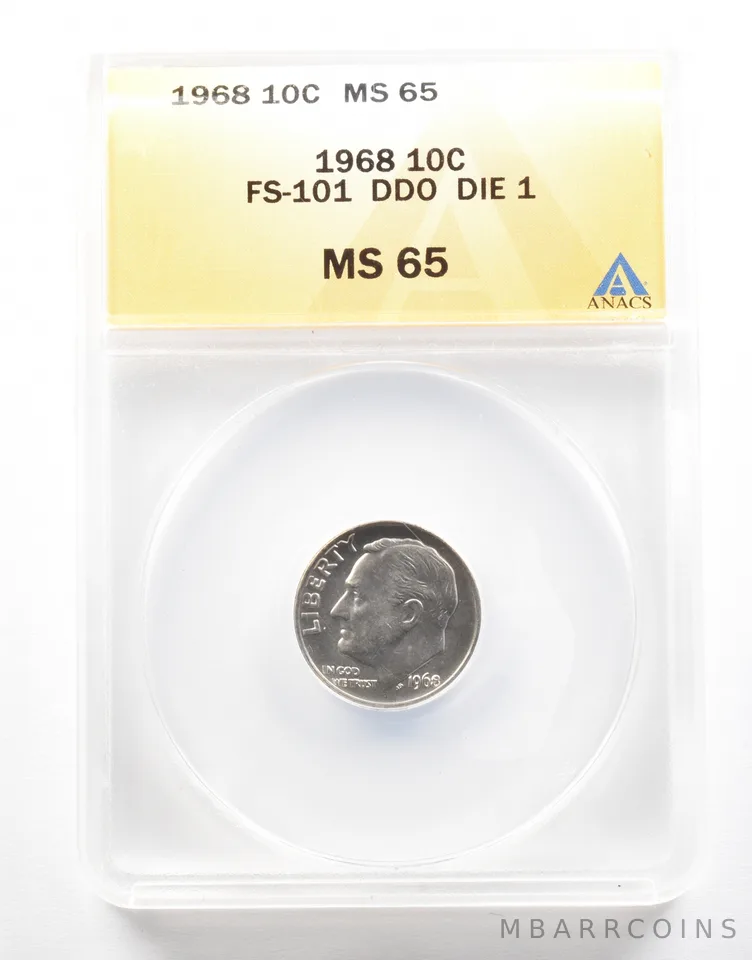 1968 Roosevelt Dime FS-101 DDO Die 1 MS65 ANACS *2115