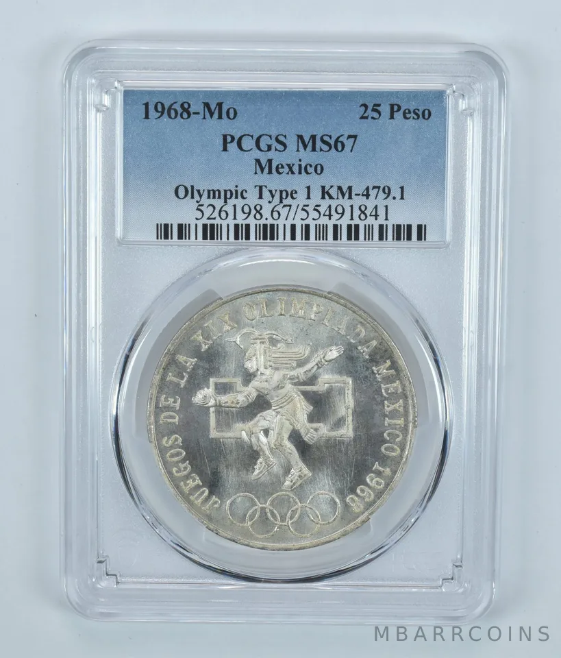 1968 Mo Mexico 25 Pesos Olympic Type 1 MS67 PCGS Blue Label
