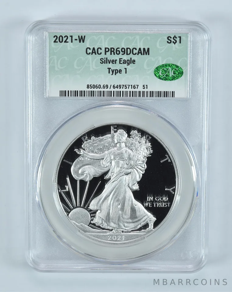 2021-W American Silver Eagle Type 1 PR69 DCAM CAC CACg
