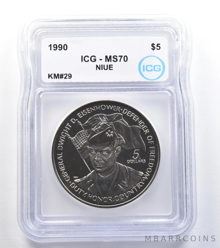 1990 Niue 5 Dollars Dwight D Eisenhower KM#29 MS70 ICG a7969