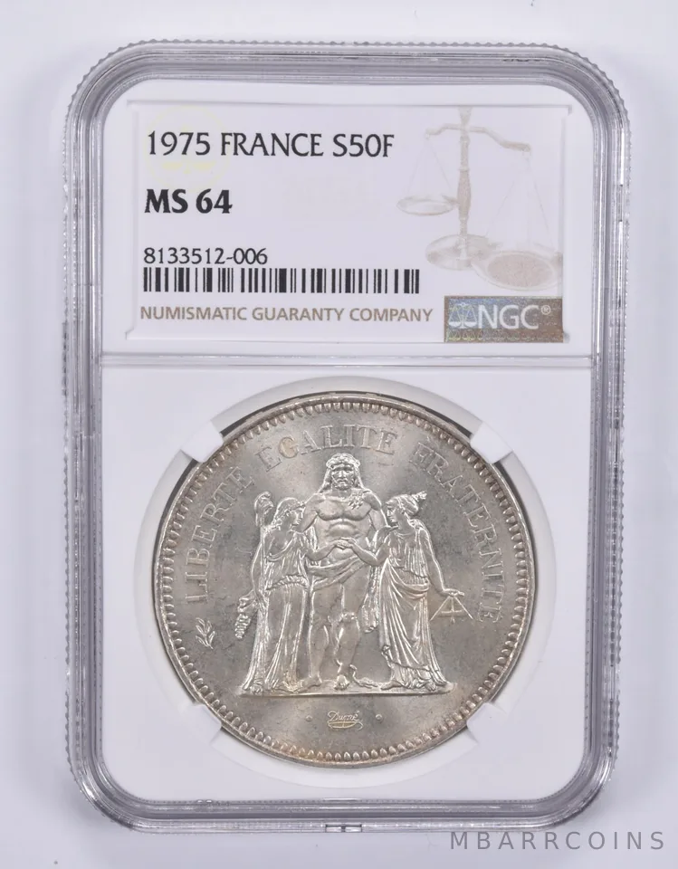 1975 France 50 Francs Silver MS64 NGC Brown Label