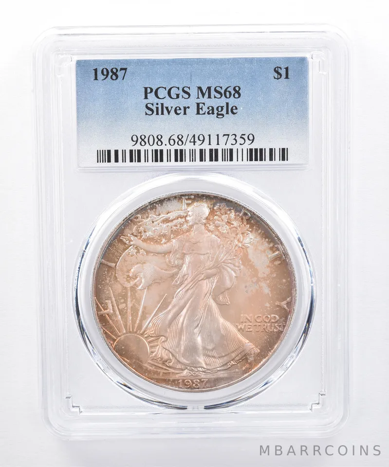 1987 American Silver Eagle MS68 PCGS Iridescent Tone *8453
