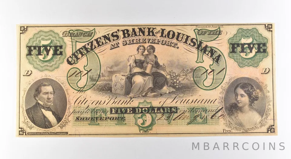 1860 $5 Citizens Bank Of Louisiana Shreveport Obsolete Note *3172
