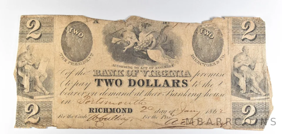 1862 $2 Richmond VA Bank Of Virginia Obsolete Note *8821