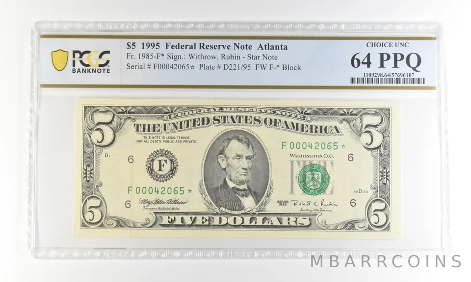 1995 $5 FRN Atlanta GA Fr#1985-F* Star Error Choice Unc 64 PPQ PCGS *4239