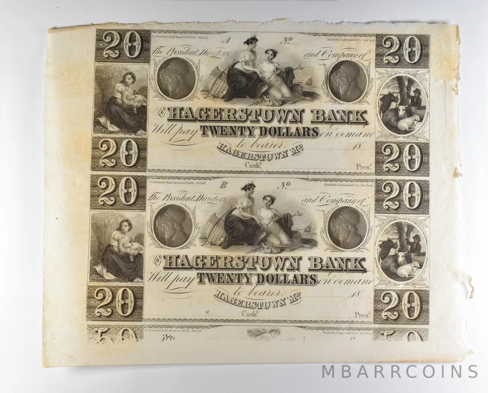 Lot (2) 1800s $20 Hagerstown MD Bank Obsolete Note Uncut *8708