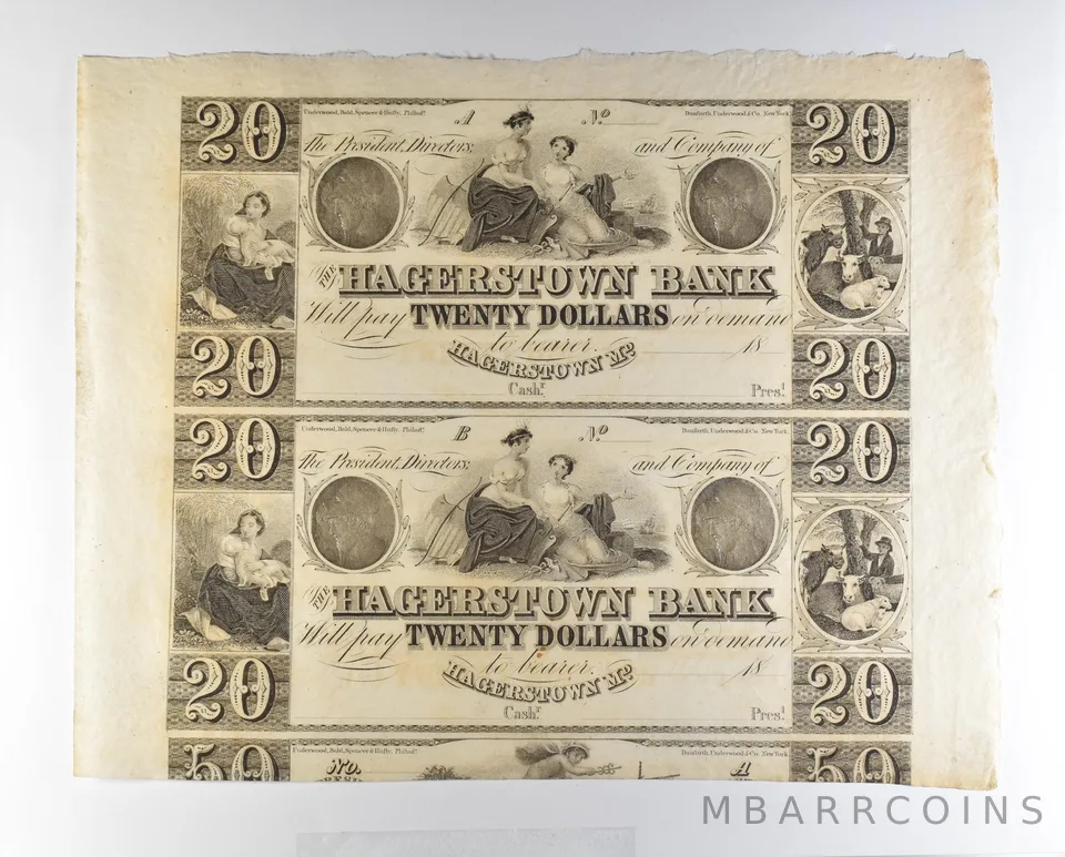 Lot (2) 1800s $20 Hagerstown MD Bank Obsolete Note Uncut *8690