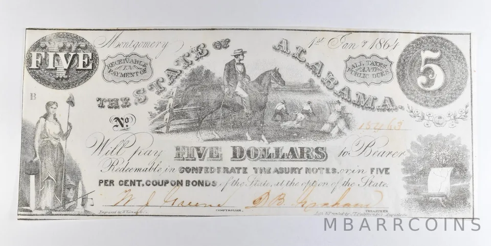 1864 $5 State Of Alabama Confederate Treasury Note *2278