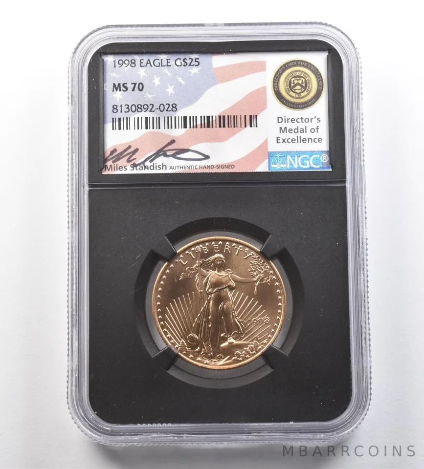 1998 $25 American Gold Eagle 1/2 Oz MS70 NGC Miles Standish *2572
