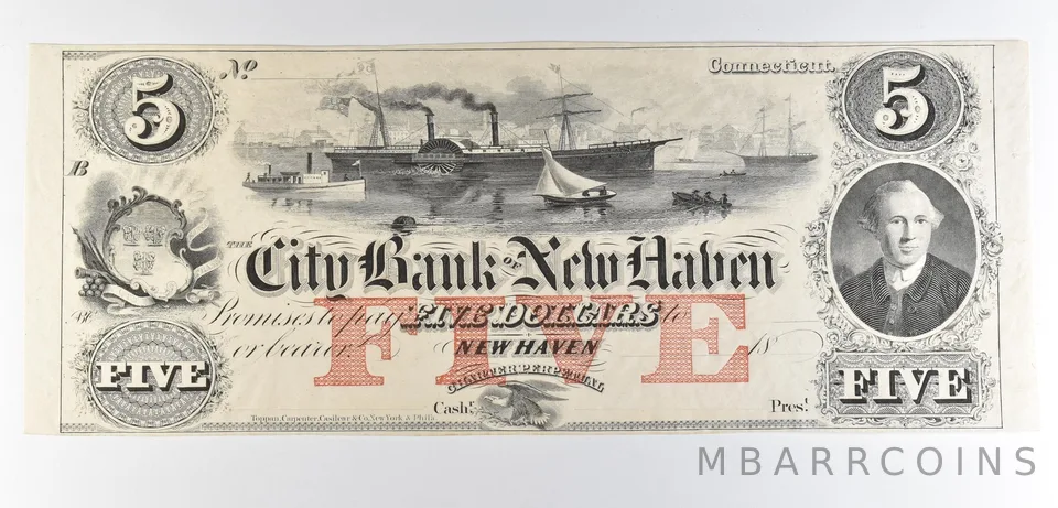 1800s $5 New Haven CT City Bank Obsolete Note *8610