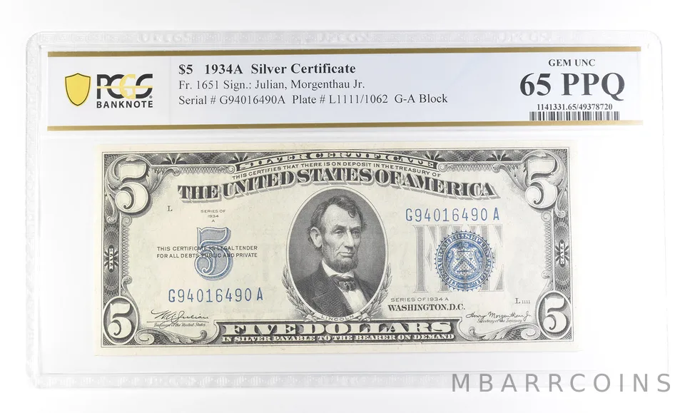 1934 A $5 Silver Certificate Fr#1651 Gem Unc 65 PPQ PCGS *2807