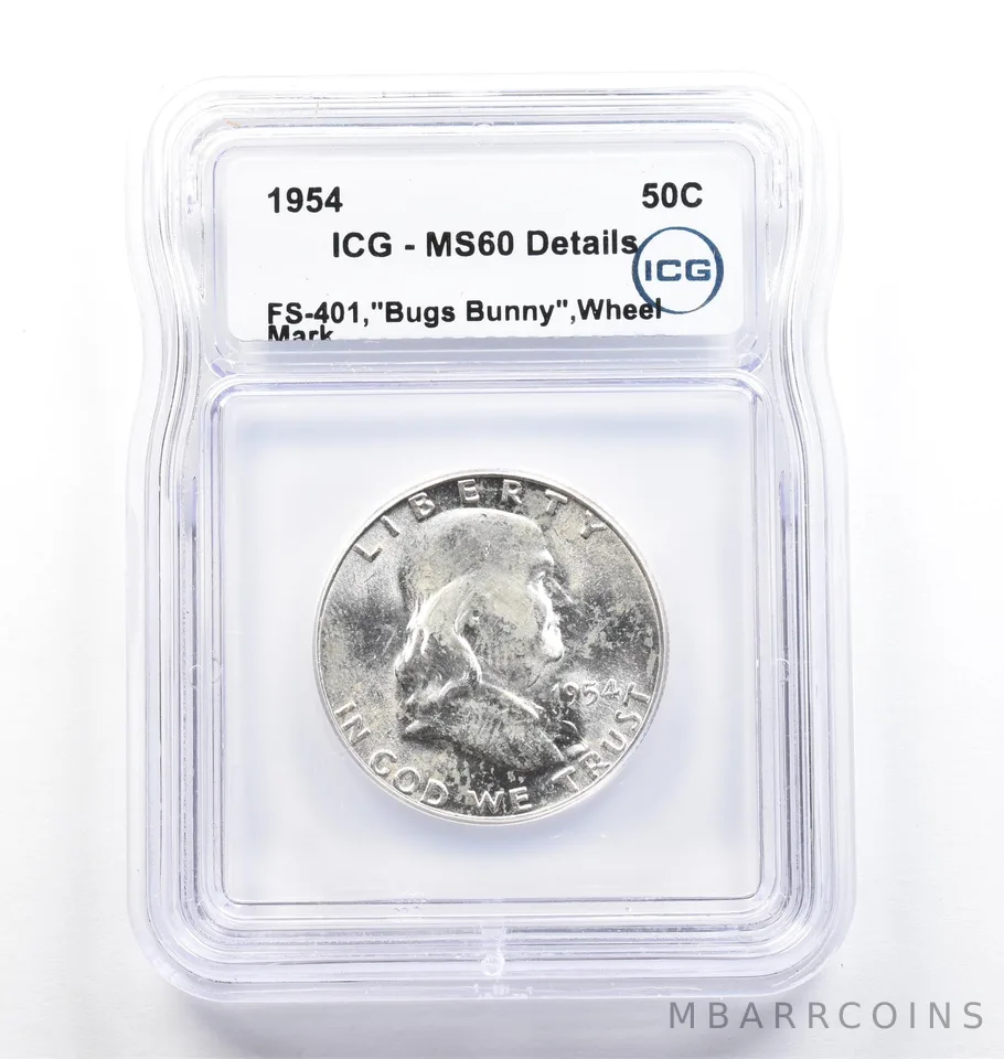1954 Franklin Half Dollar Bugs Bunny FS-401 Wheel Mark MS60 Details ICG *9847