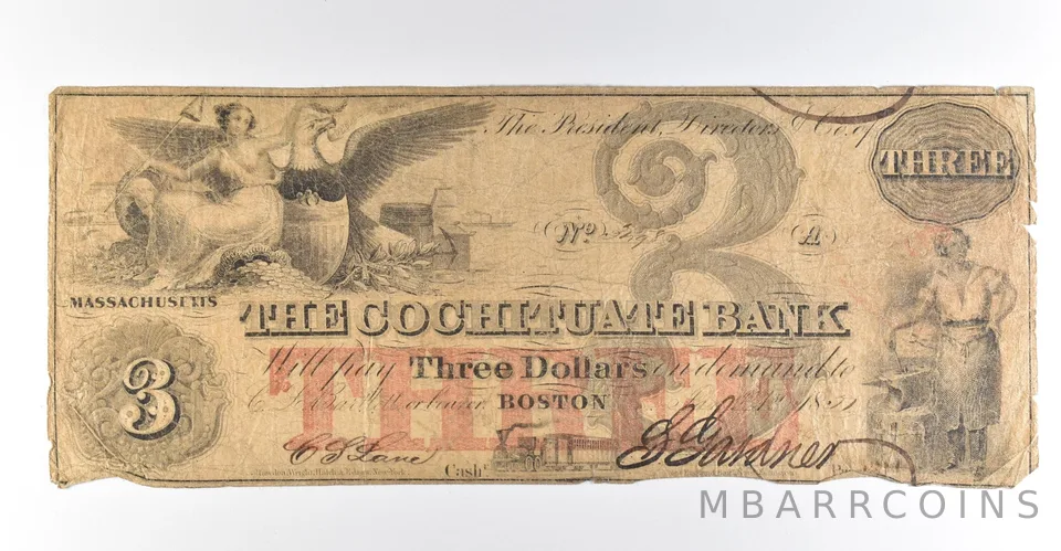 1851 $3 Boston MA Cochituate Bank Obsolete Note *8415