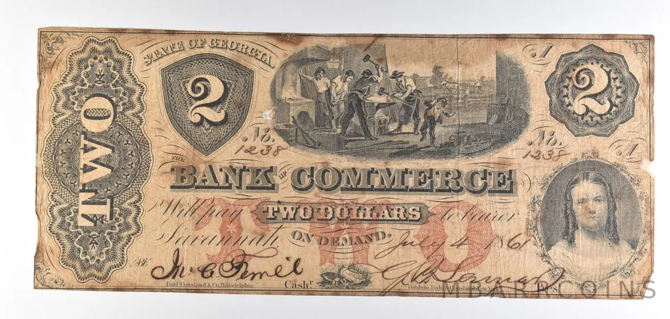 1861 $2 Savannah GA Bank Of Commerce Obsolete Note *8796