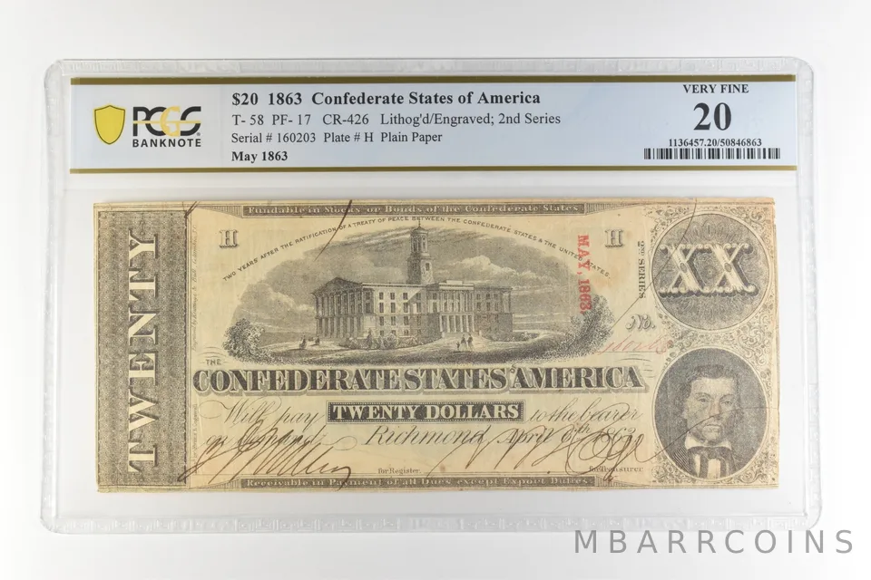 1863 $20 Confederate States America T-58 PF-17 CR-426 Very Fine 20 PCGS *4476