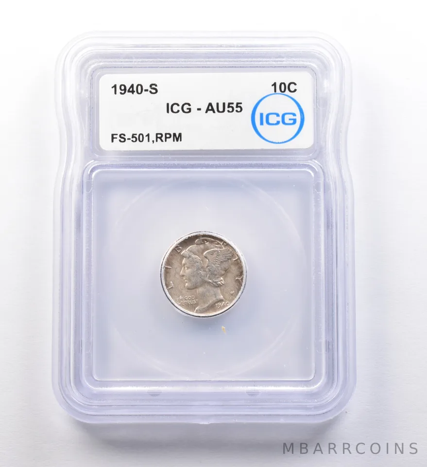 1940-S Mercury Dime FS-501 RPM AU55 ICG a9725