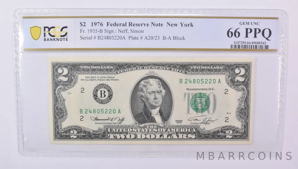$2 1976 New York NY FRN Fr#1935-B Gem Unc 66 PPQ PCGS