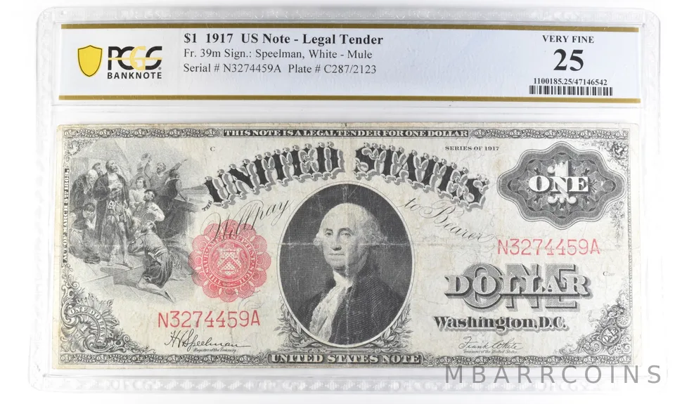1917 $1 US Legal Tender Fr 39 m Mule Very Fine 25 PCGS *5479