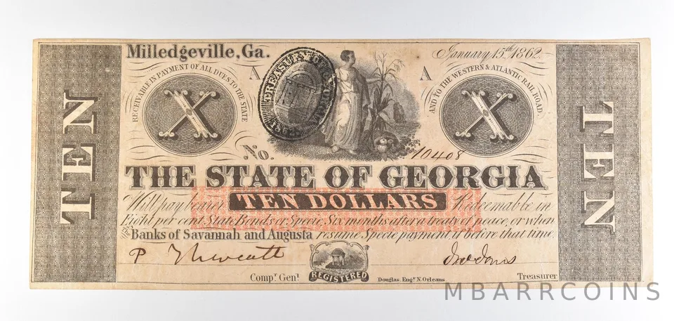 1862 $10 Milledgeville GA Obsolete Note *8814