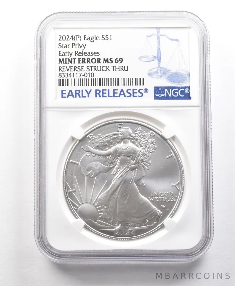2024 (P) American Silver Eagle Star Privy Error Rev Struck Thru MS69 NGC a5668
