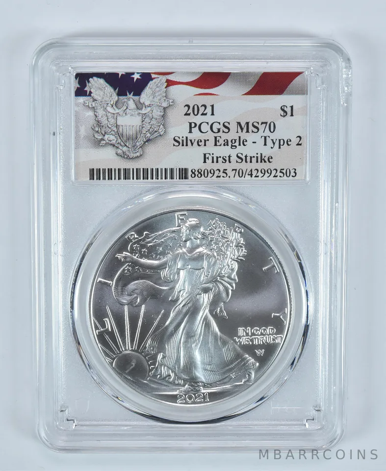 2021 American Silver Eagle Type 2 First Strike MS70 PCGS Flag Label