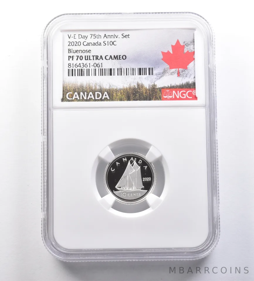 2020 Canada 10 Cents Silver V-E Day 75th Anniversary Set Bluenose PF70 NGC *7070