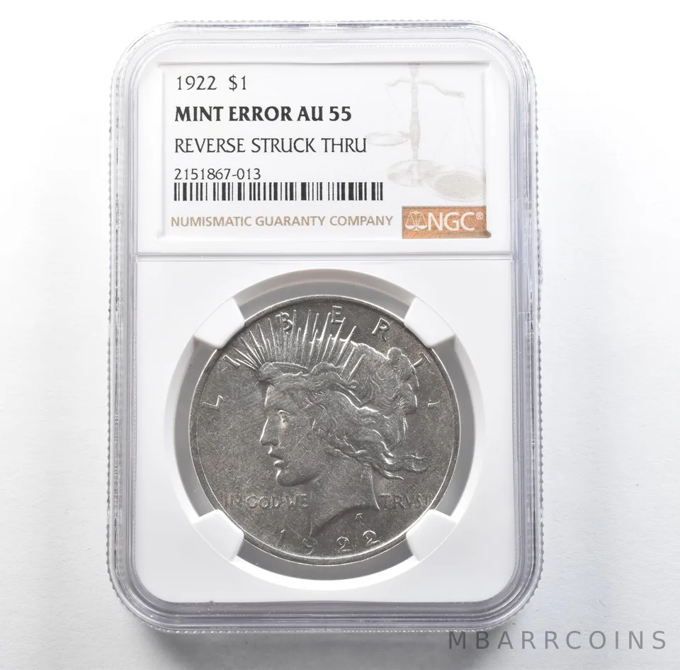 1922 Peace Silver Dollar Mint Error Reverse Struck Thru AU55 NGC *3158