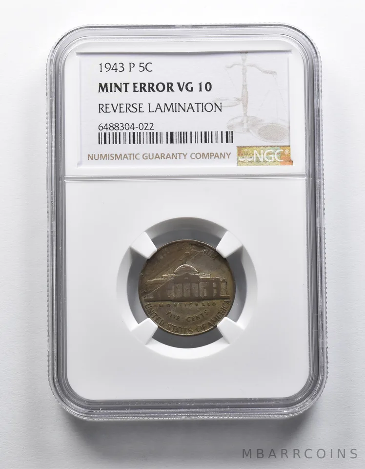 Mint Error VG10 1943-P Jefferson Nickel REV Lamination NGC a1866