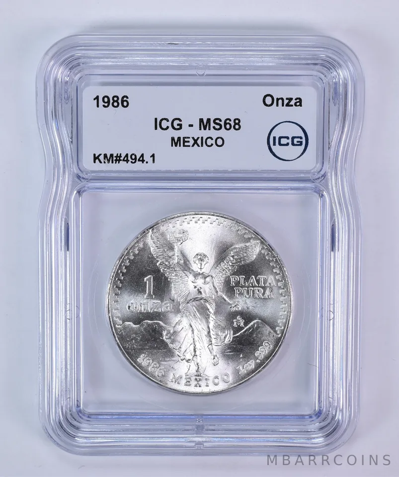 1986 Mo Mexico 1 Onza Silver Libertad KM#494.1 MS68 ICG