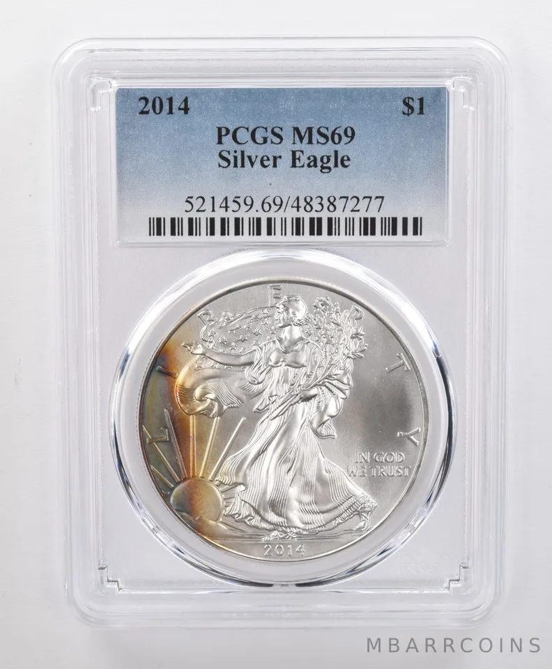 MS69 2014 American Silver Eagle PCGS Beautiful Tone Yellow/Blue Peripheral a0135