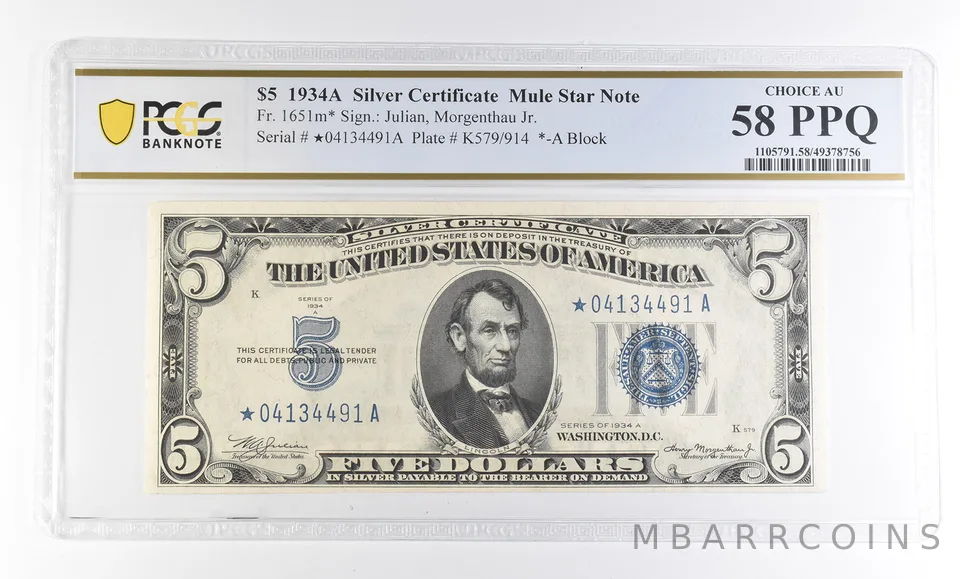 1934 A $5 Silver Certificate Mule Star Note Fr#1651m* AU 58 PPQ PCGS *2755