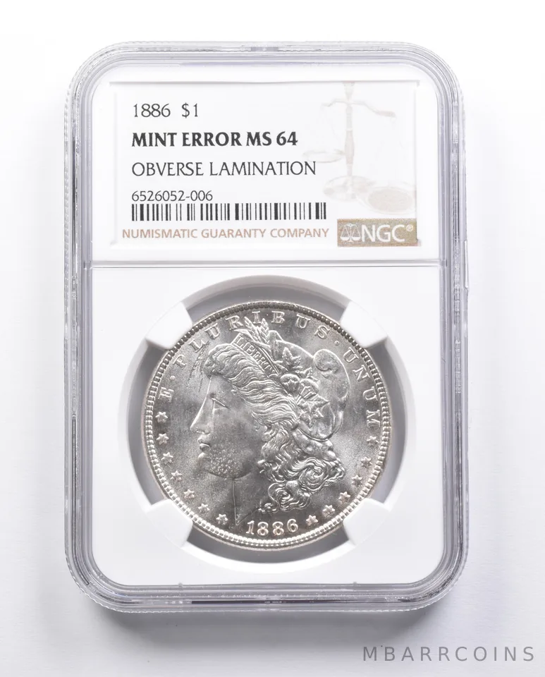 MS64 1886 Morgan Silver Dollar Error OBV Lamination NGC a6674