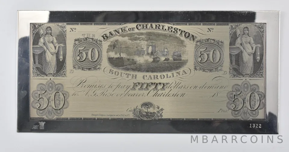 $50 Charleston SC Large Note Engraved Plate 151.8g Sterling Silver Bar a6567