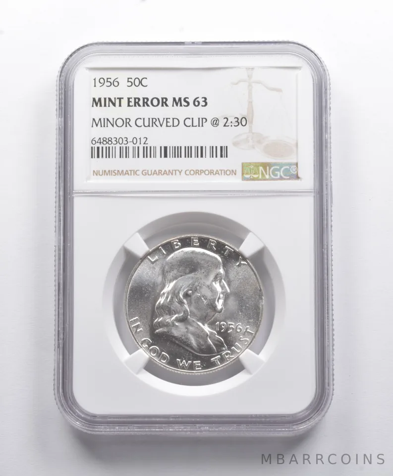 Mint Error MS63 1956 Franklin Half Dollar Minor Curved Clip @ 2:30 NGC *8795
