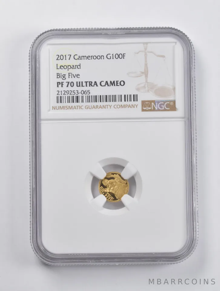 PF70UCAM 2017 Cameroon 100 Francs Leopard Big Five 0.5g .999 Fine Gold NGC a2962