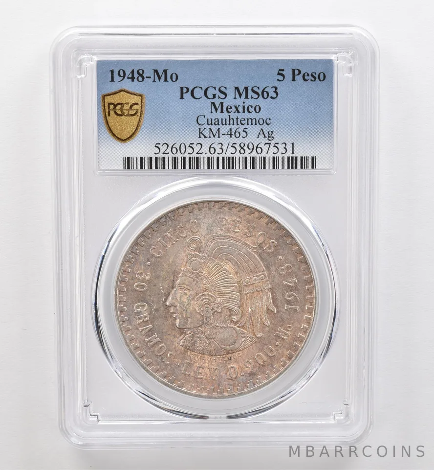 1948 Mo Mexico 5 Peso Silver Cuauhtemoc MS63 PCGS Beautiful Tone *9278