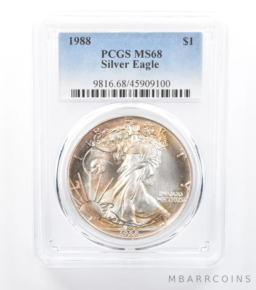 1988 American Silver Eagle MS68 PCGS Yellow Peripheral Tone *7718
