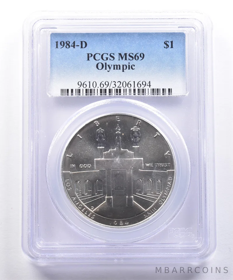 1984-D Olympic Columns Commemorative Dollar MS69 PCGS Blue Label