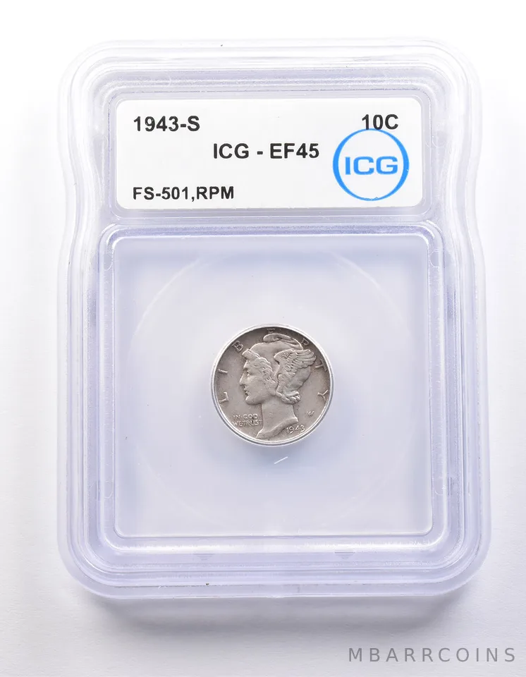 1943-S Mercury Dime FS-501 RPM EF45 ICG *9823