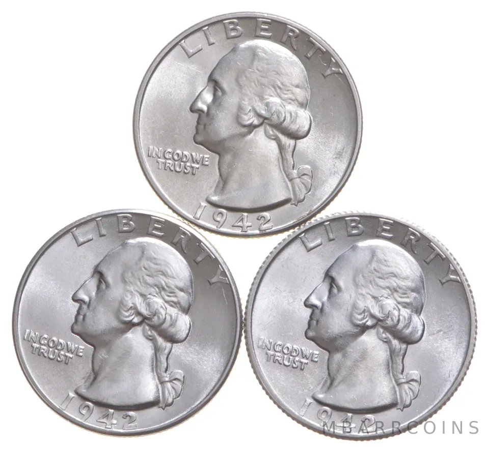 Choice Unc 1942 P+D+S Washington Quarter Gem BU Collection Lot Set