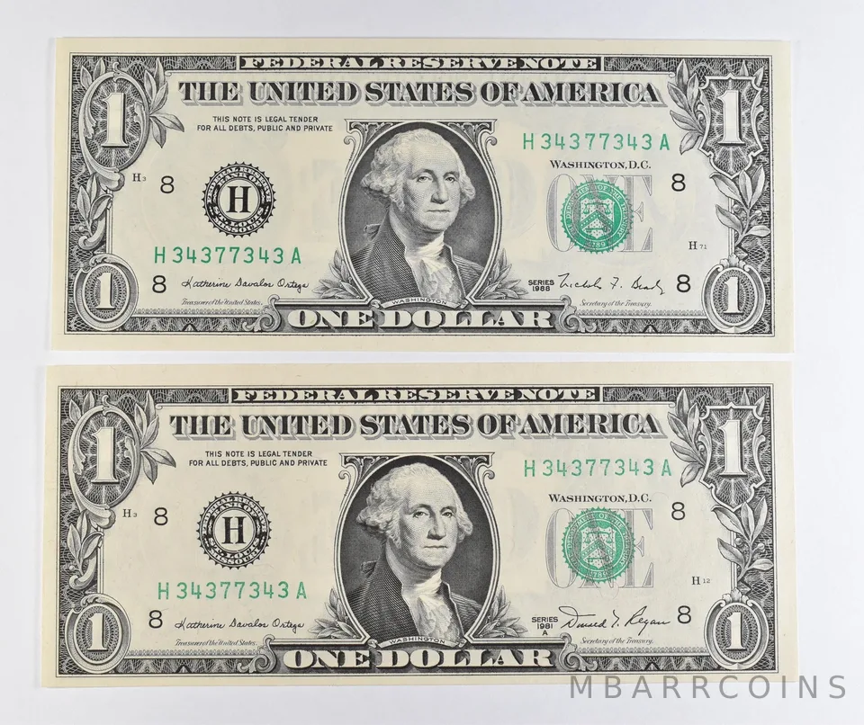 Lot (2) Matching Radar Numbers 1981 A/1988 $1 St Louis MO FRN *1709