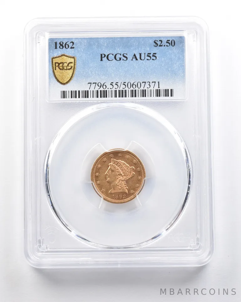 1862 $2.50 Liberty Head Gold Quarter Eagle AU55 PCGS a0716
