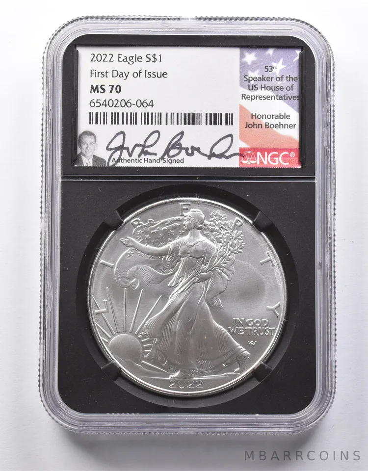 MS70 2022 American Silver Eagle FDOI John Boehner Signed NGC a8664