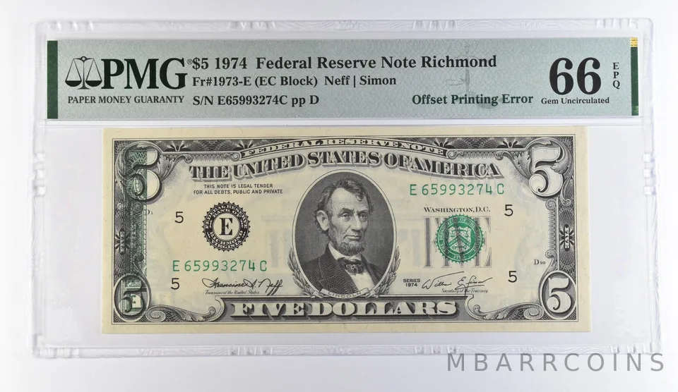 1974 $5 Richmond VA FRN OffPrinting Error Fr#1973-E Gem Unc 66 EPQ PMG *9446