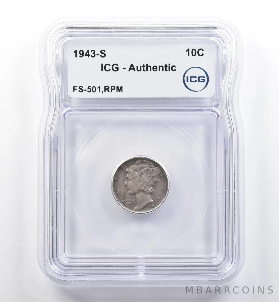 1943-S Mercury Dime FS-501 RPM Authentic ICG *5994