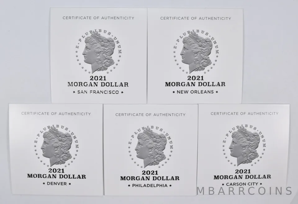 (5) 2021 D, O, S, CC, P Morgan Dollar 100th Anniv COA's Signed No Coin a2398